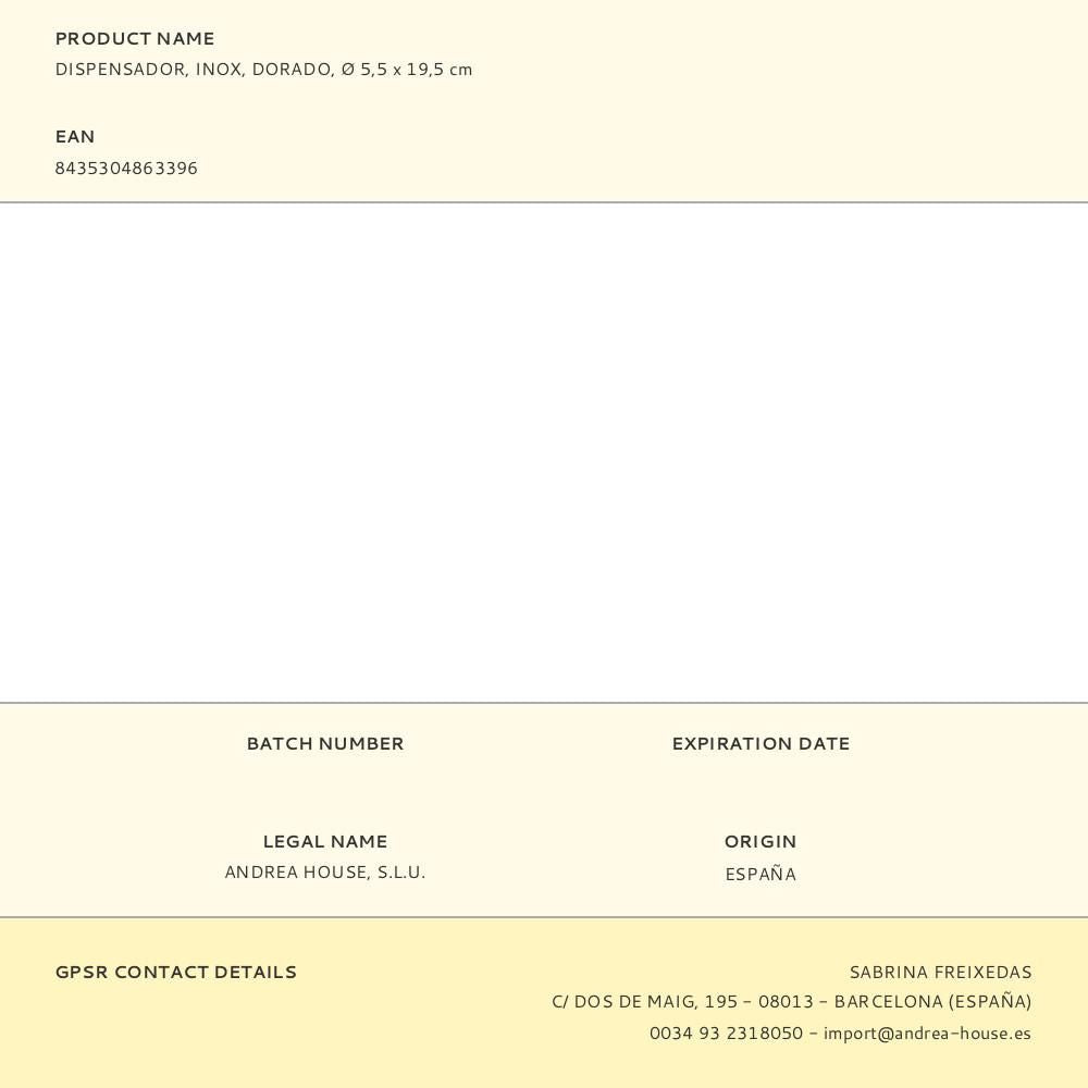 DISPENSADOR, INOX, DORADO,  5,5 x 19,5 cm