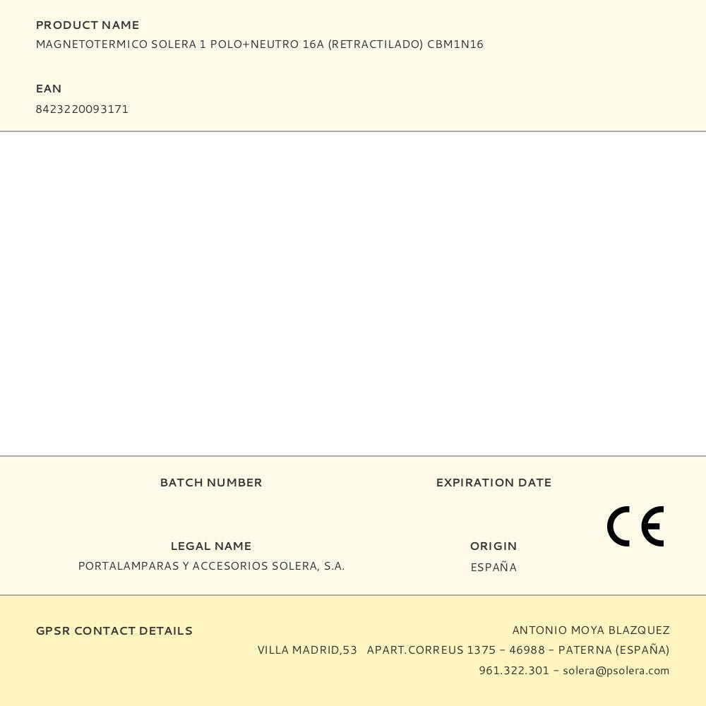 MAGNETOTERMICO SOLERA 1 POLO+NEUTRO 16A (RETRACTILADO) CBM1N16