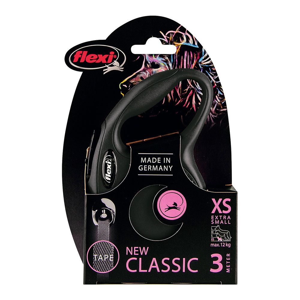 CORREA EXTENSIBLE FLEXI CLASSIC NEGRA, CINTA 3 m, XS, HASTA 12 Kg