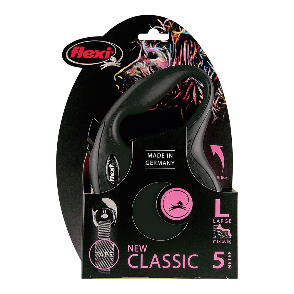 CORREA EXTENSIBLE FLEXI CLASSIC NEGRA, CINTA 5 m, L, HASTA 50 Kg