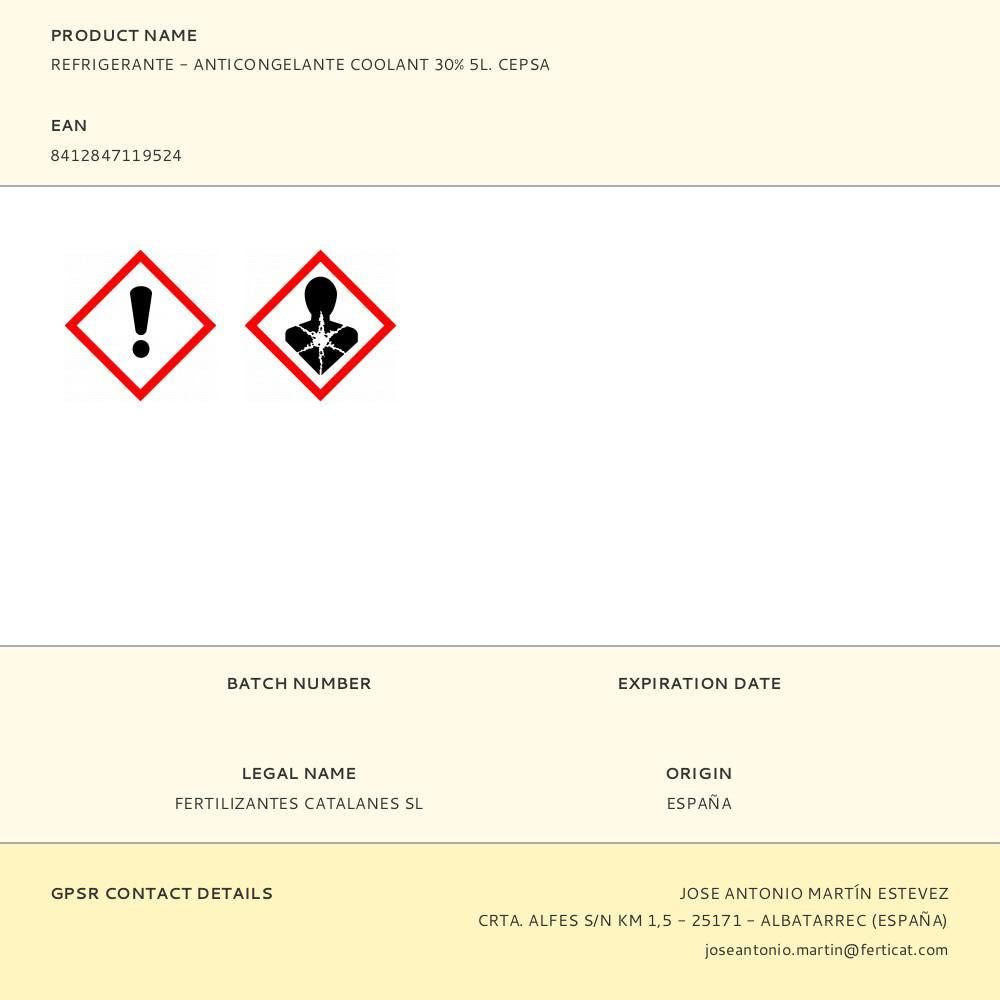 REFRIGERANTE - ANTICONGELANTE COOLANT 30% 5 L