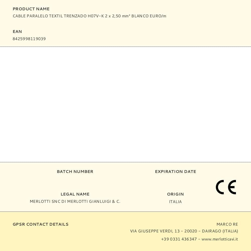 CABLE PARALELO TEXTIL TRENZADO H07V-K 2 x 2,50 mmÂ² BLANCO EURO/m