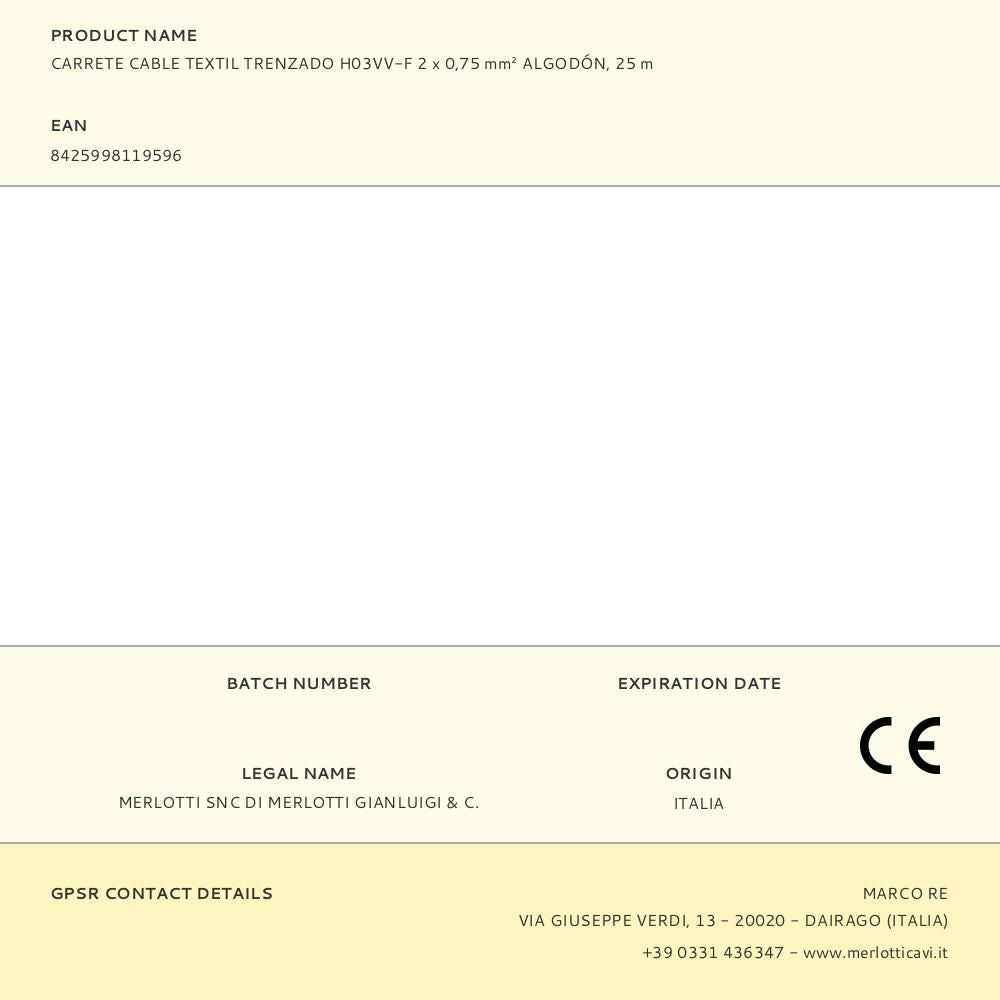 CARRETE CABLE TEXTIL TRENZADO H03VV-F 2 x 0,75 mmÂ² ALGODÓN, 25 m