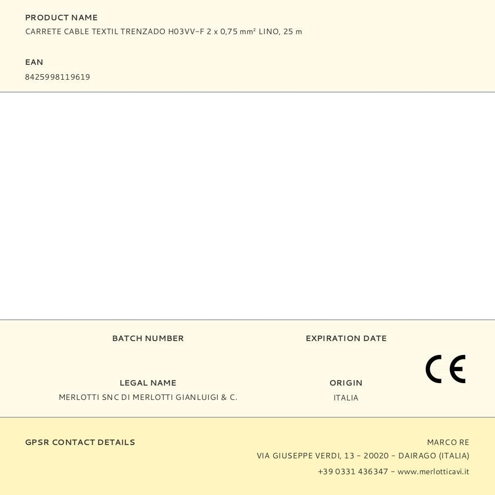 CARRETE CABLE TEXTIL TRENZADO H03VV-F 2 x 0,75 mmÂ² LINO, 25 m