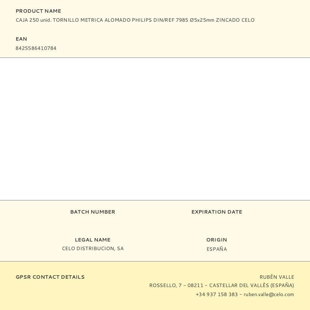 CAJA 250 unid. TORNILLO METRICA ALOMADO PHILIPS DIN/REF 7985 5x25mm ZINCADO CELO