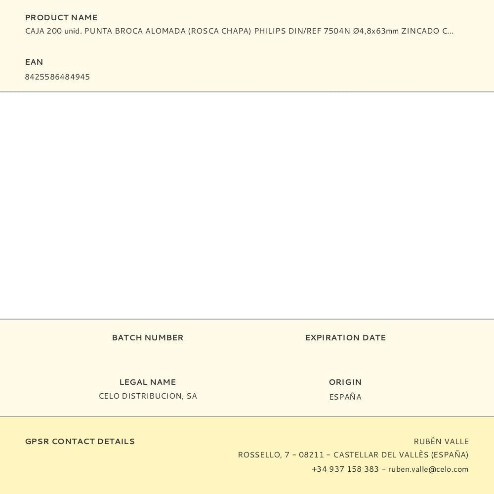 CAJA 200 unid. PUNTA BROCA ALOMADA (ROSCA CHAPA) PHILIPS DIN/REF 7504N 4,8x63mm ZINCADO CELO