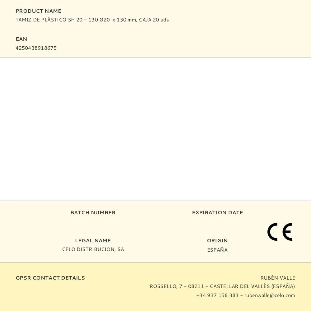 TAMIZ DE PLÍSTICO SH 20 - 130 20  x 130 mm, CAJA 20 uds