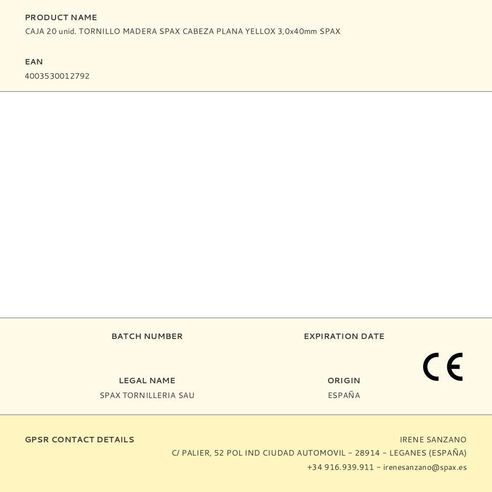 CAJA 20 unid. TORNILLO MADERA SPAX CABEZA PLANA YELLOX 3,0x40mm SPAX
