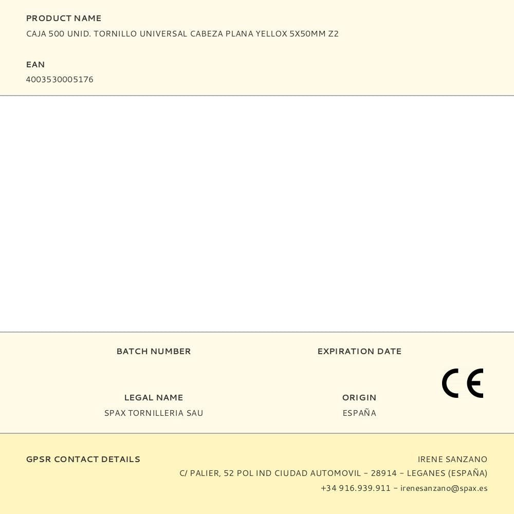 CAJA 500 UNID. TORNILLO UNIVERSAL CABEZA PLANA YELLOX 5X50MM Z2