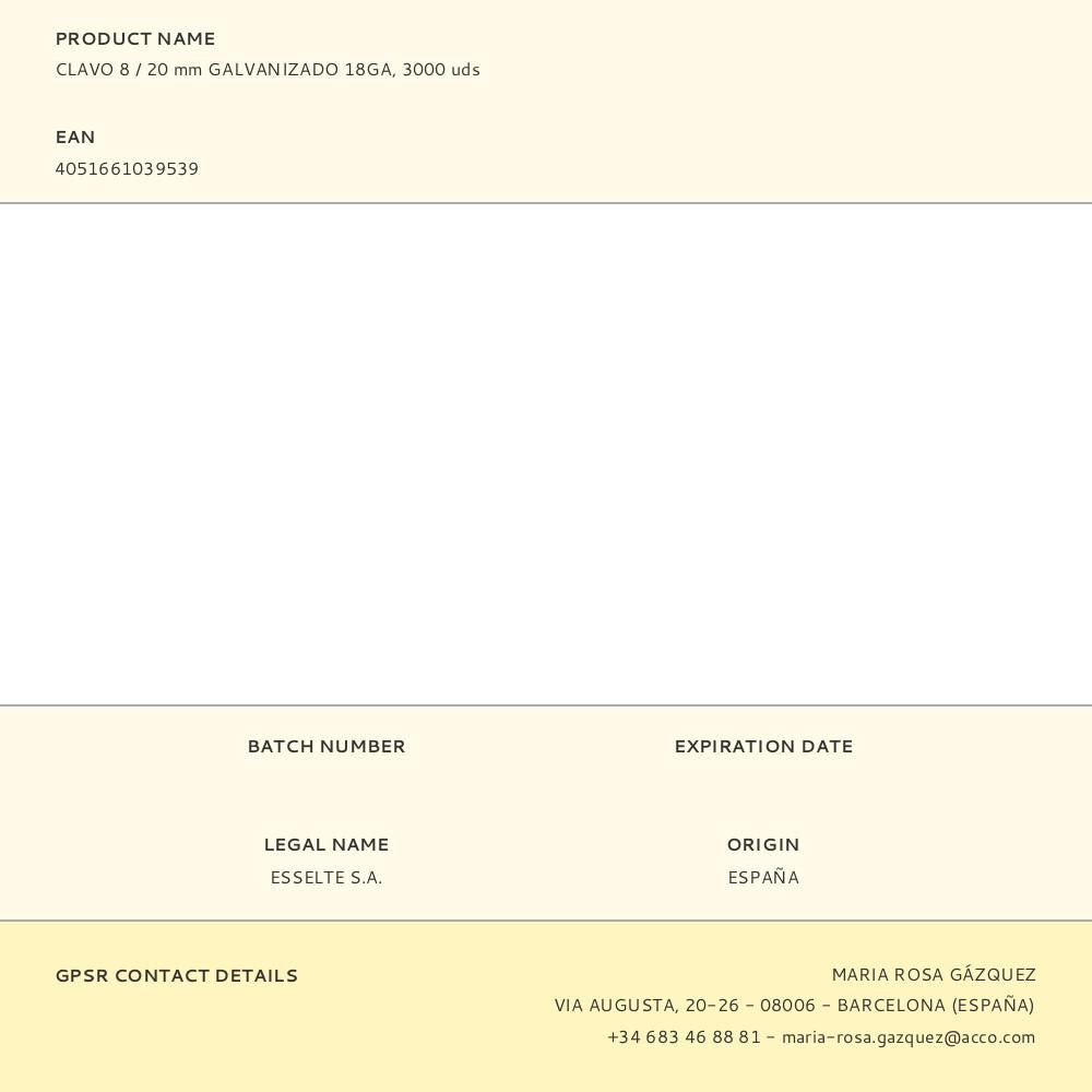 CLAVO 8 / 20 mm GALVANIZADO 18GA, 3000 uds