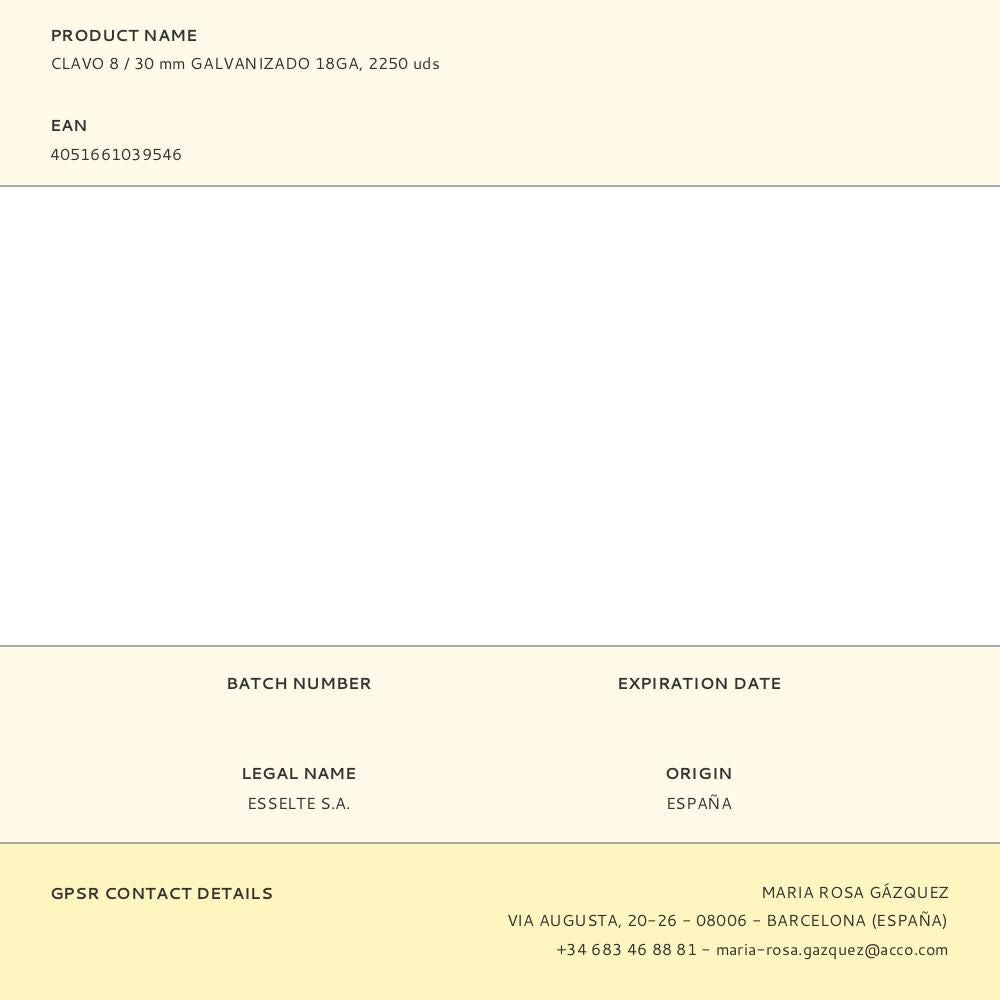 CLAVO 8 / 30 mm GALVANIZADO 18GA, 2250 uds
