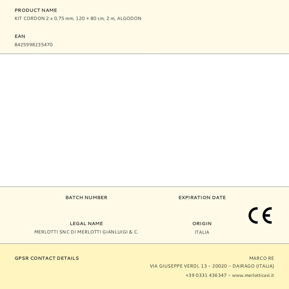 KIT CORDON 2 x 0,75 mm, 120 + 80 cm, 2 m, ALGODON