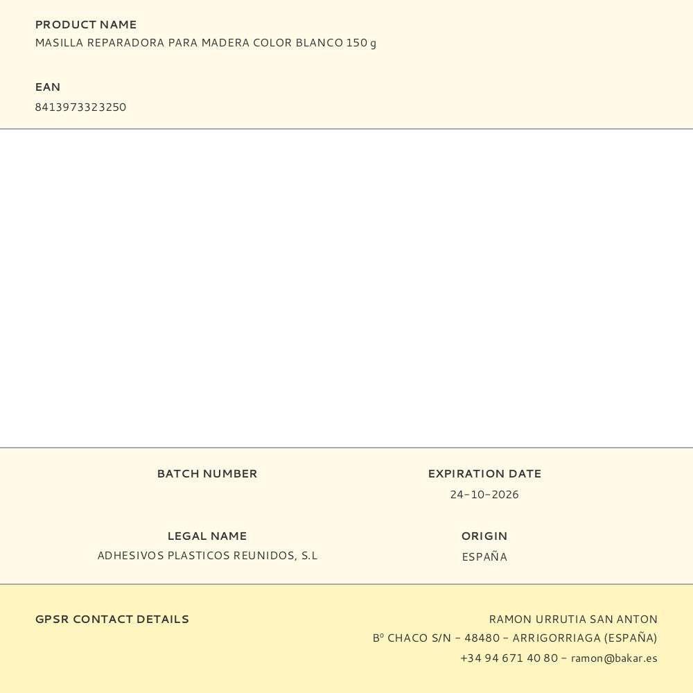 MASILLA REPARADORA PARA MADERA COLOR BLANCO 150 g