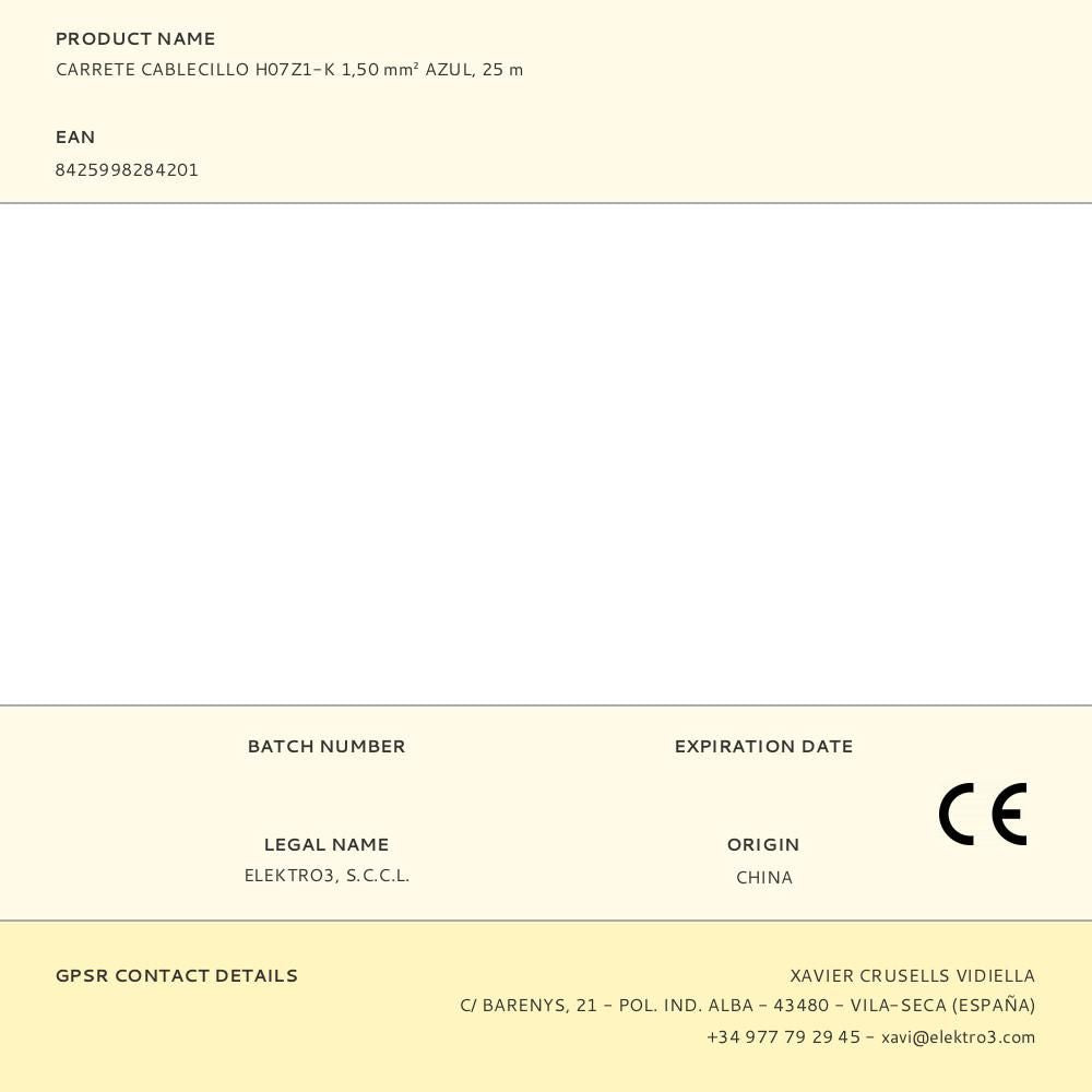 CARRETE CABLECILLO H07Z1-K 1,50 mmÂ² AZUL, 25 m
