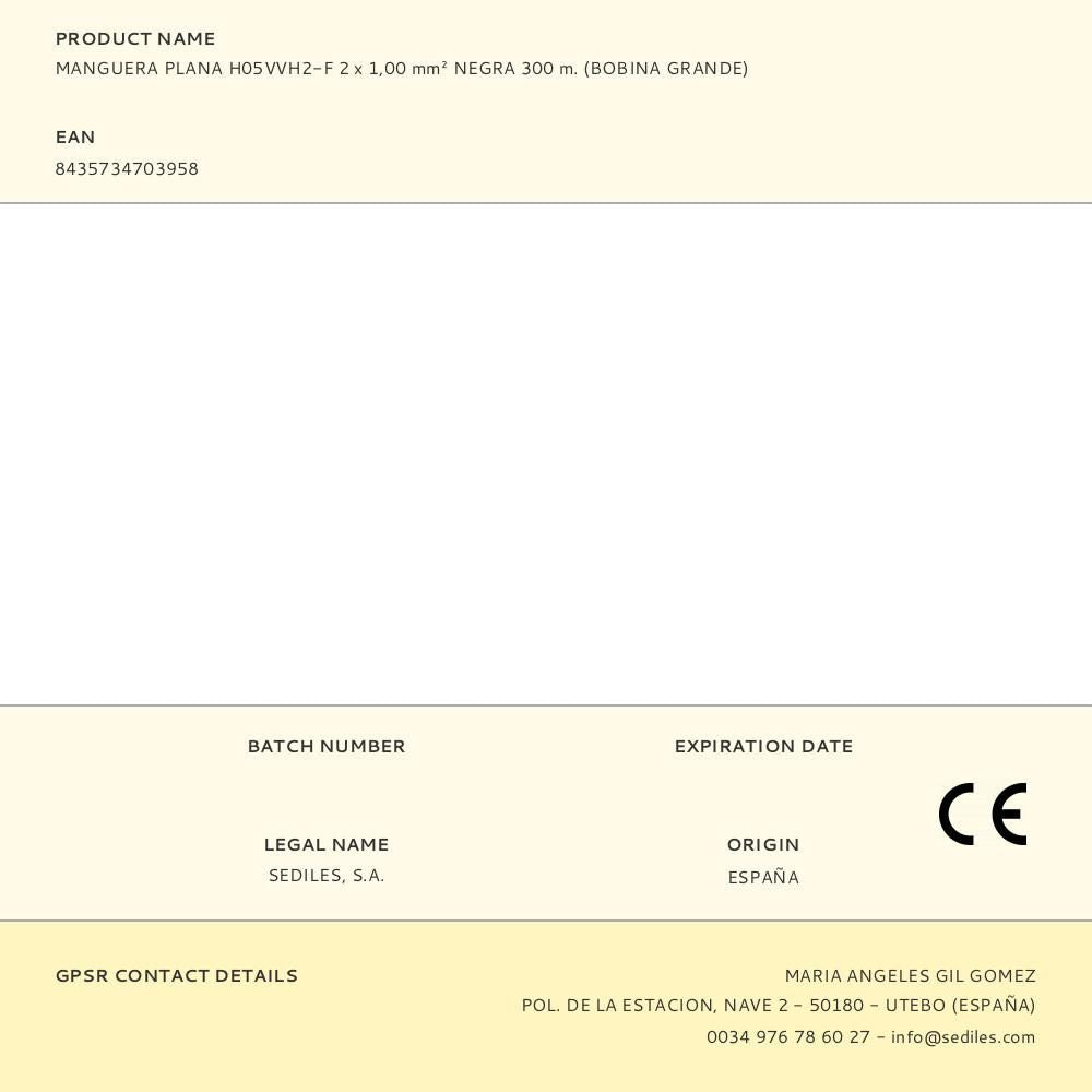 MANGUERA PLANA H05VVH2-F 2 x 1,00 mmÂ² NEGRA 300 m. (BOBINA GRANDE)