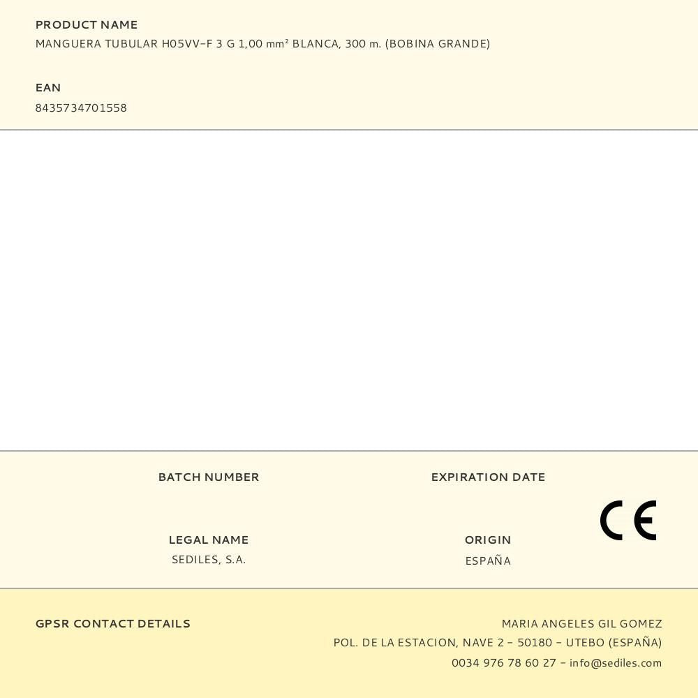 MANGUERA TUBULAR H05VV-F 3 G 1,00 mmÂ² BLANCA, 300 m. (BOBINA GRANDE)