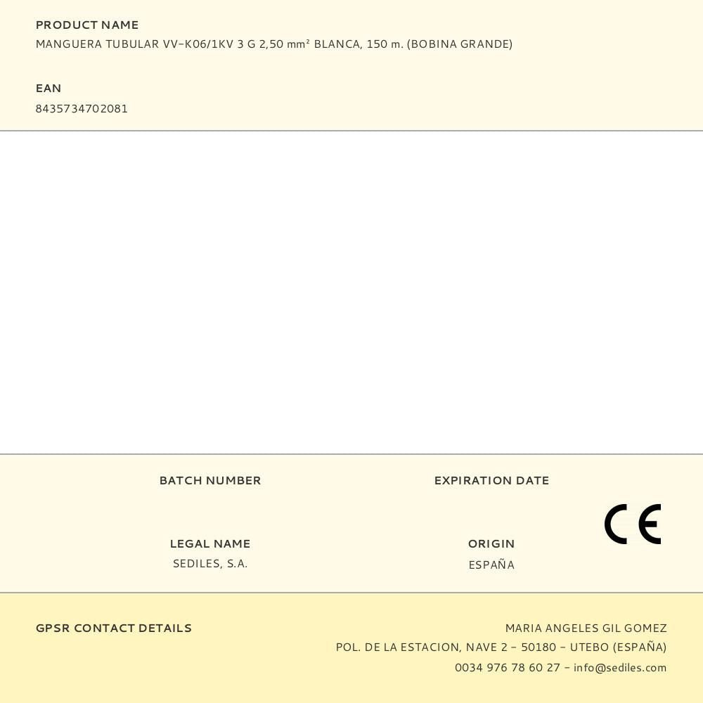 MANGUERA TUBULAR VV-K06/1KV 3 G 2,50 mmÂ² BLANCA, 150 m. (BOBINA GRANDE)