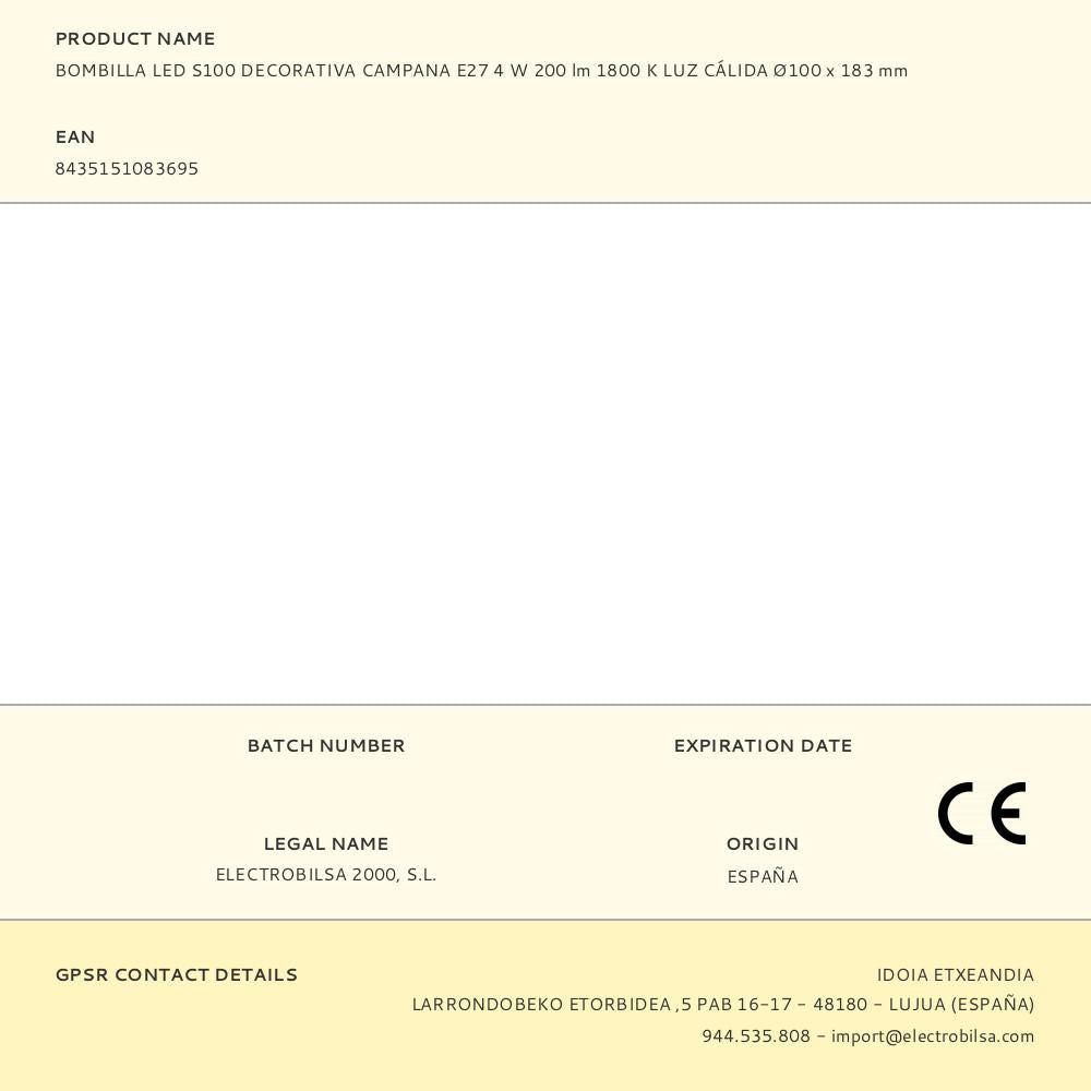 BOMBILLA LED S100 DECORATIVA CAMPANA E27 4 W 200 lm 1800 K LUZ CÍLIDA 96 x 183 mm