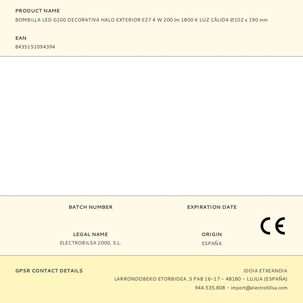 BOMBILLA LED G100 DECORATIVA HALO EXTERIOR E27 4 W 220 lm 1800 K LUZ CÍLIDA 102 x 190 mm