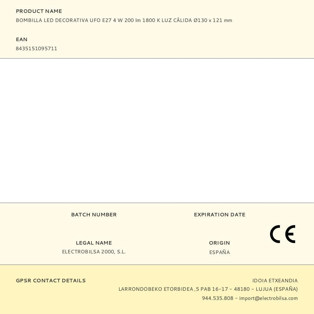 BOMBILLA LED DECORATIVA UFO, E27, 4 W, 280 lm, 1800 K, LUZ CÍLIDA, 130 x 121 mm