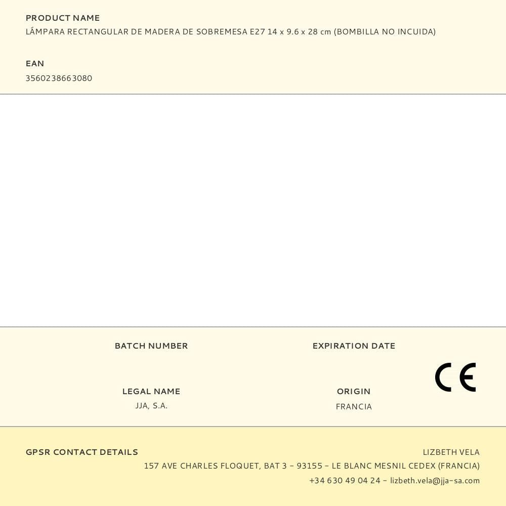LÍMPARA RECTANGULAR DE MADERA DE SOBREMESA E27 14 x 9.6 x 28 cm (BOMBILLA NO INCUIDA)
