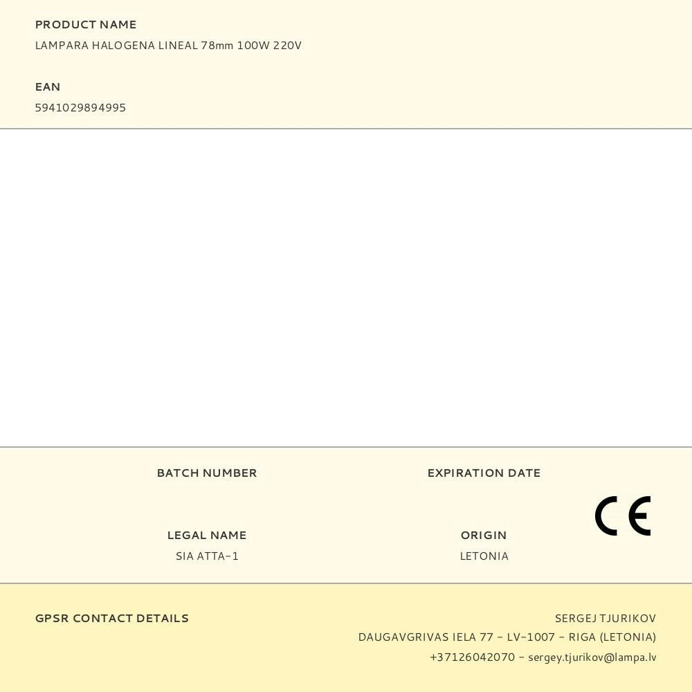 LAMPARA HALOGENA LINEAL 78mm 100W 220V
