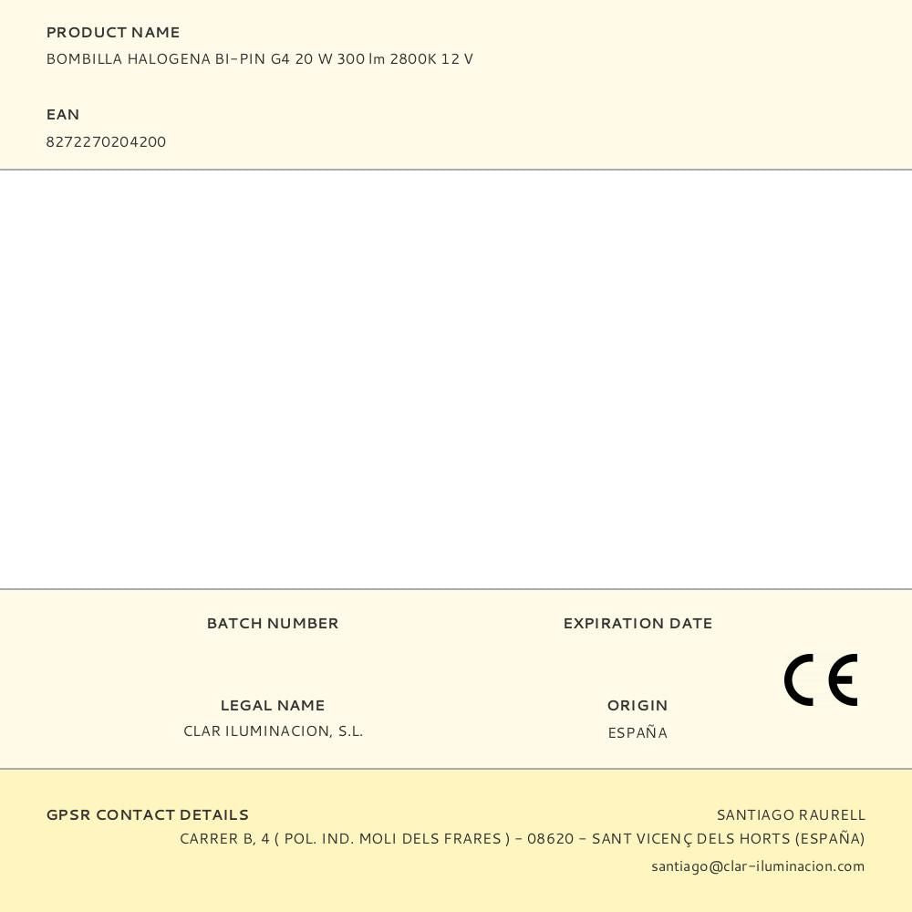 BOMBILLA HALOGENA BI-PIN G4 20 W 300 lm 2800K 12 V