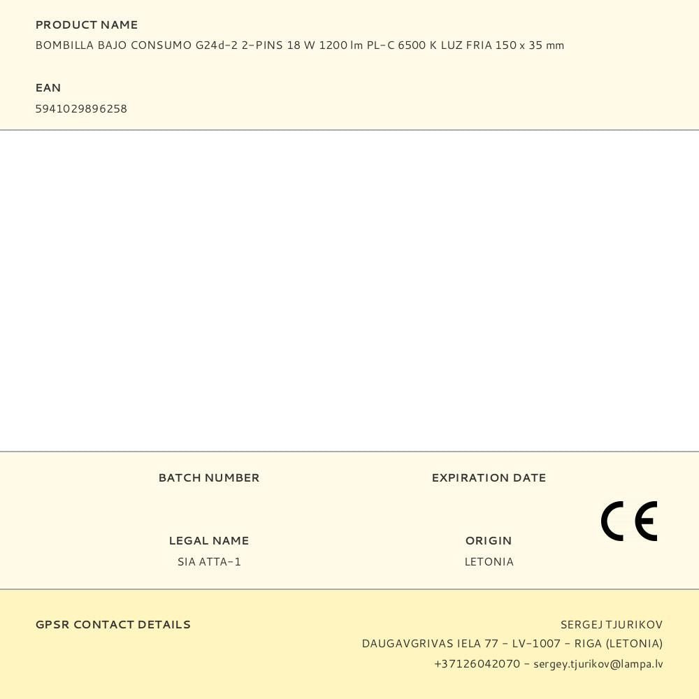 BOMBILLA BAJO CONSUMO G24d-2 2-PINS 18 W 1200 lm PL-C 6500 K LUZ FRIA 150 x 35 mm