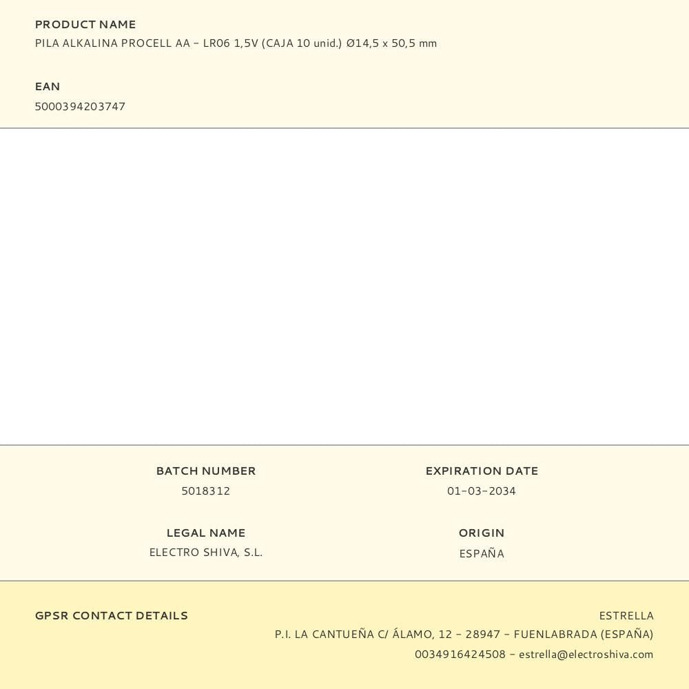 PILA ALKALINA PROCELL AA - LR06 1,5V (CAJA 10 unid.) 14,5 x 50,5 mm