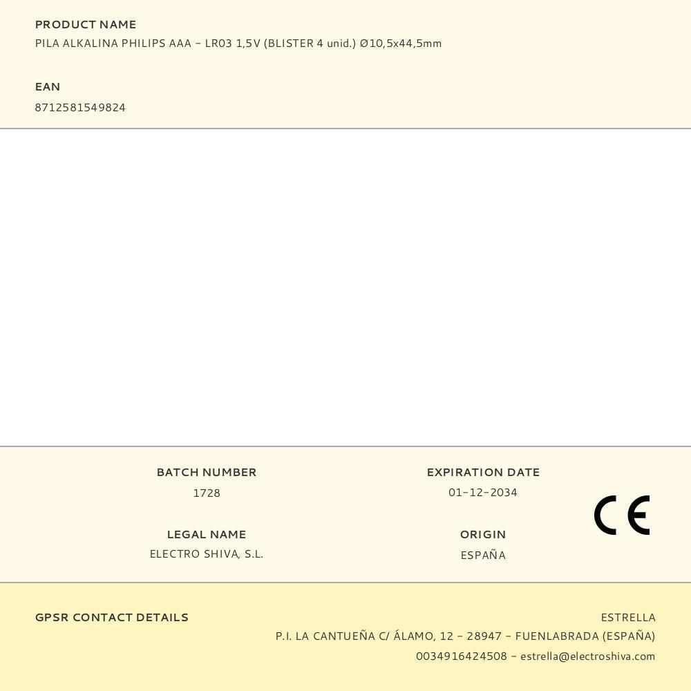 PILA ALKALINA PHILIPS AAA - LR03 1,5V (BLISTER 4 unid.) 10,5x44,5mm