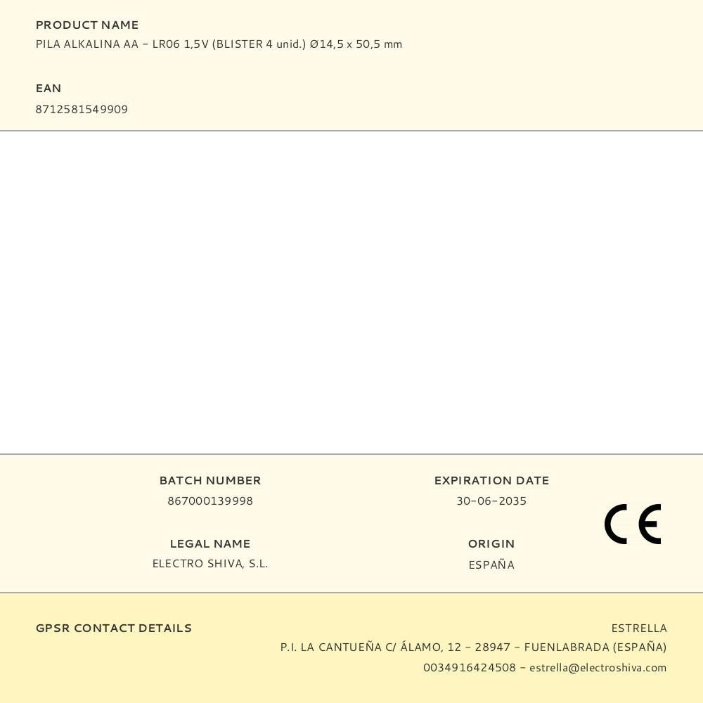PILA ALKALINA AA - LR06 1,5V (BLISTER 4 unid.) 14,5 x 50,5 mm