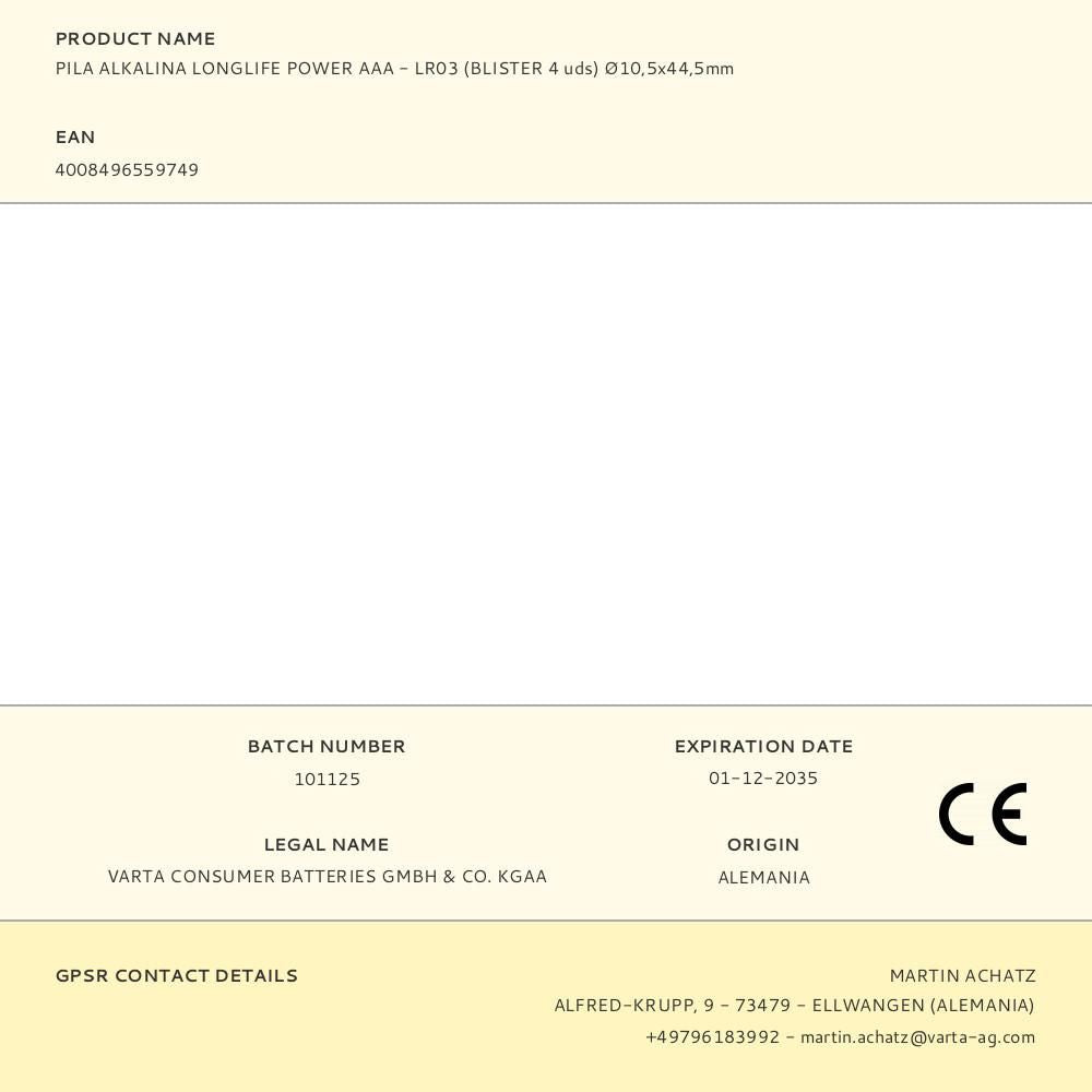 PILA ALKALINA LONGLIFE POWER AAA - LR03 (BLISTER 4 uds) 10,5x44,5mm