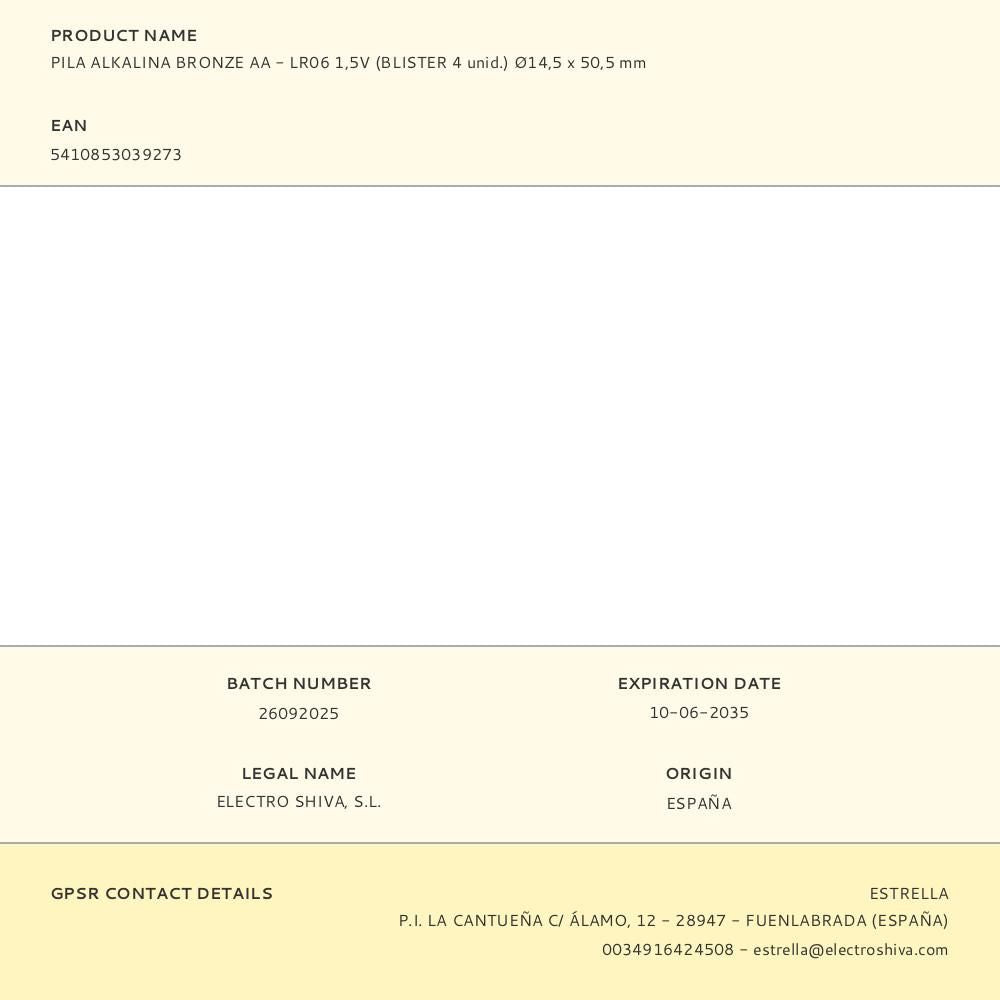 PILA ALKALINA BRONZE AA - LR06 1,5V (BLISTER 4 unid.) 14,5 x 50,5 mm