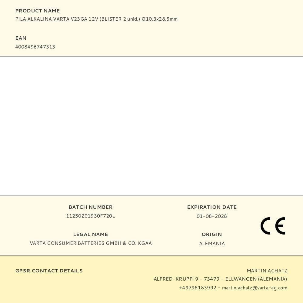 PILA ALKALINA VARTA V23GA 12V (BLISTER 2 unid.) 10,3x28,5mm