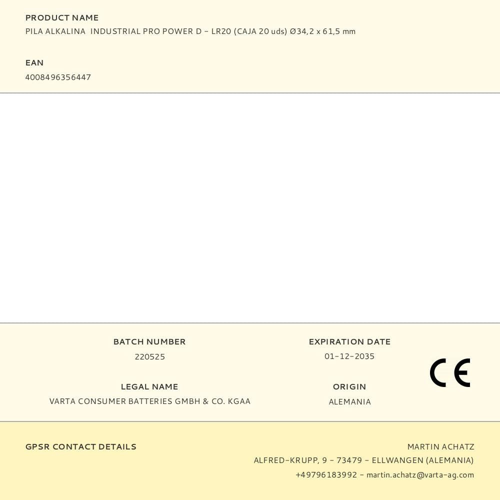 PILA ALKALINA  INDUSTRIAL PRO POWER D - LR20 (CAJA 20 uds) 34,2 x 61,5 mm