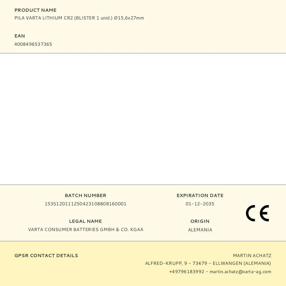 PILA VARTA LITHIUM CR2 (BLISTER 1 unid.) 15,6x27mm