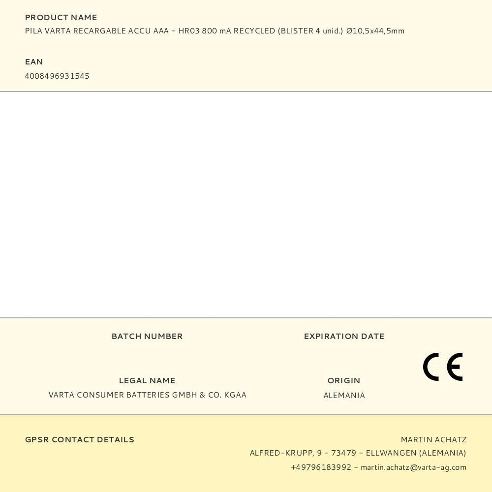 PILA VARTA RECARGABLE ACCU AAA - HR03 800 mA RECYCLED (BLISTER 4 unid.) 10,5x44,5mm