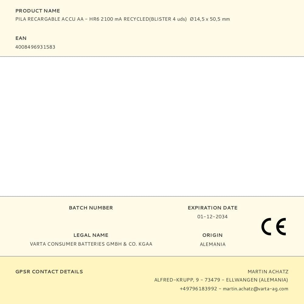 PILA RECARGABLE ACCU AA - HR6 2100 mA RECYCLED(BLISTER 4 uds)  14,5 x 50,5 mm