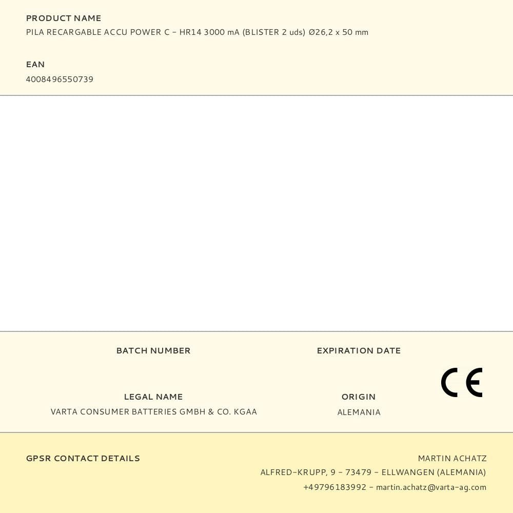 PILA RECARGABLE ACCU POWER C - HR14 3000 mA (BLISTER 2 uds) 26,2 x 50 mm