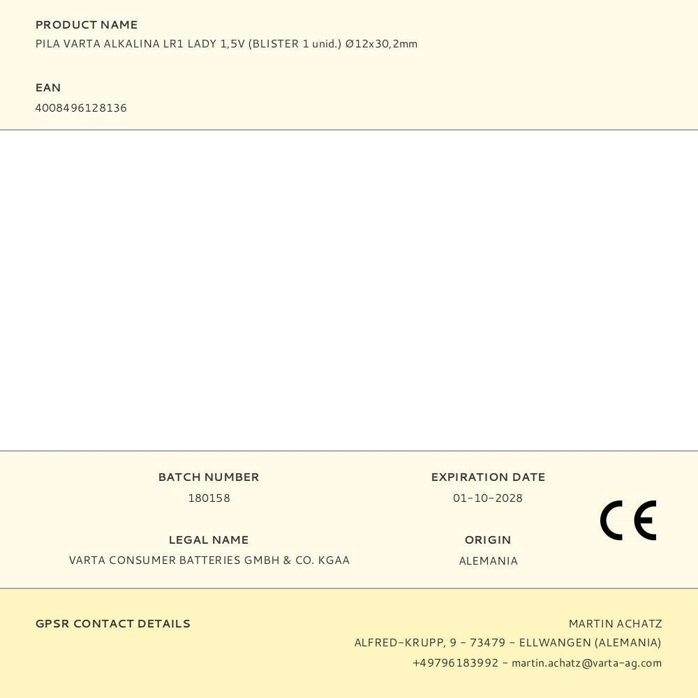 PILA VARTA ALKALINA LR1 LADY 1,5V (BLISTER 1 unid.) 12x30,2mm