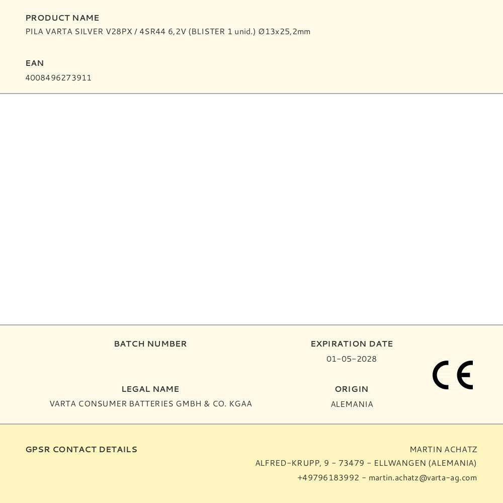 PILA VARTA SILVER V28PX / 4SR44 6,2V (BLISTER 1 unid.) 13x25,2mm