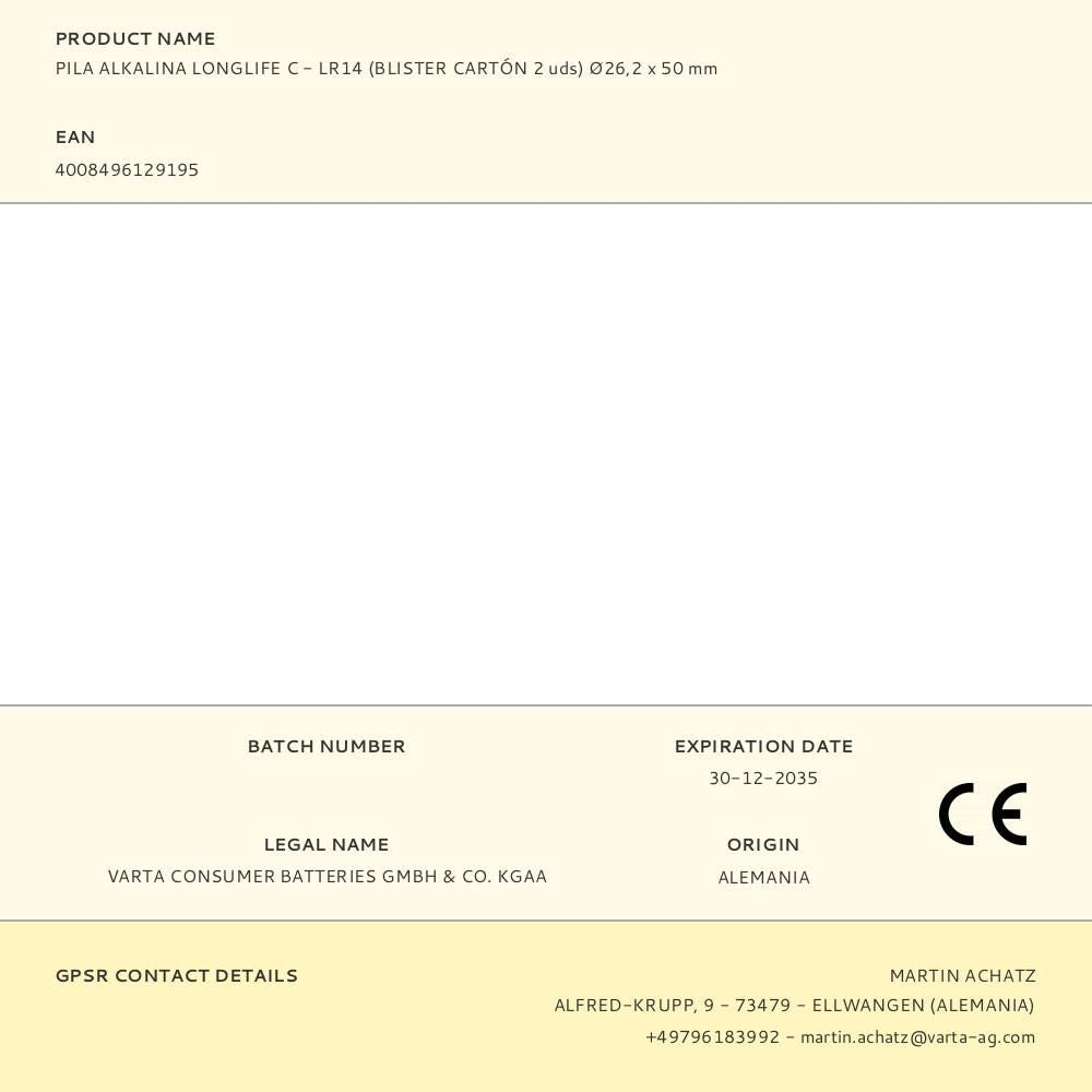 PILA ALKALINA LONGLIFE C - LR14 (BLISTER CARTÓN 2 uds) 26,2 x 50 mm