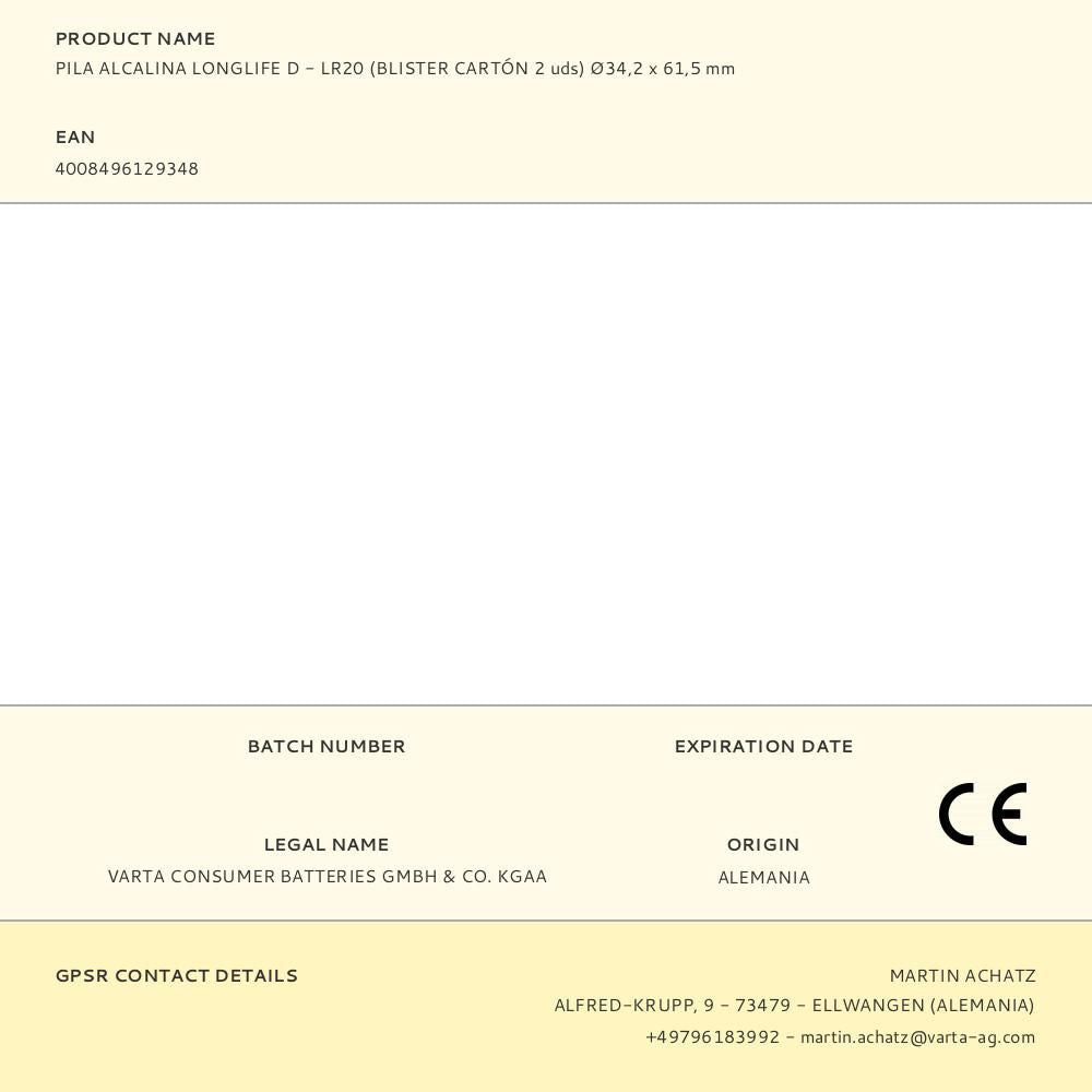 PILA ALCALINA LONGLIFE D - LR20 (BLISTER CARTÓN 2 uds) 34,2 x 61,5 mm