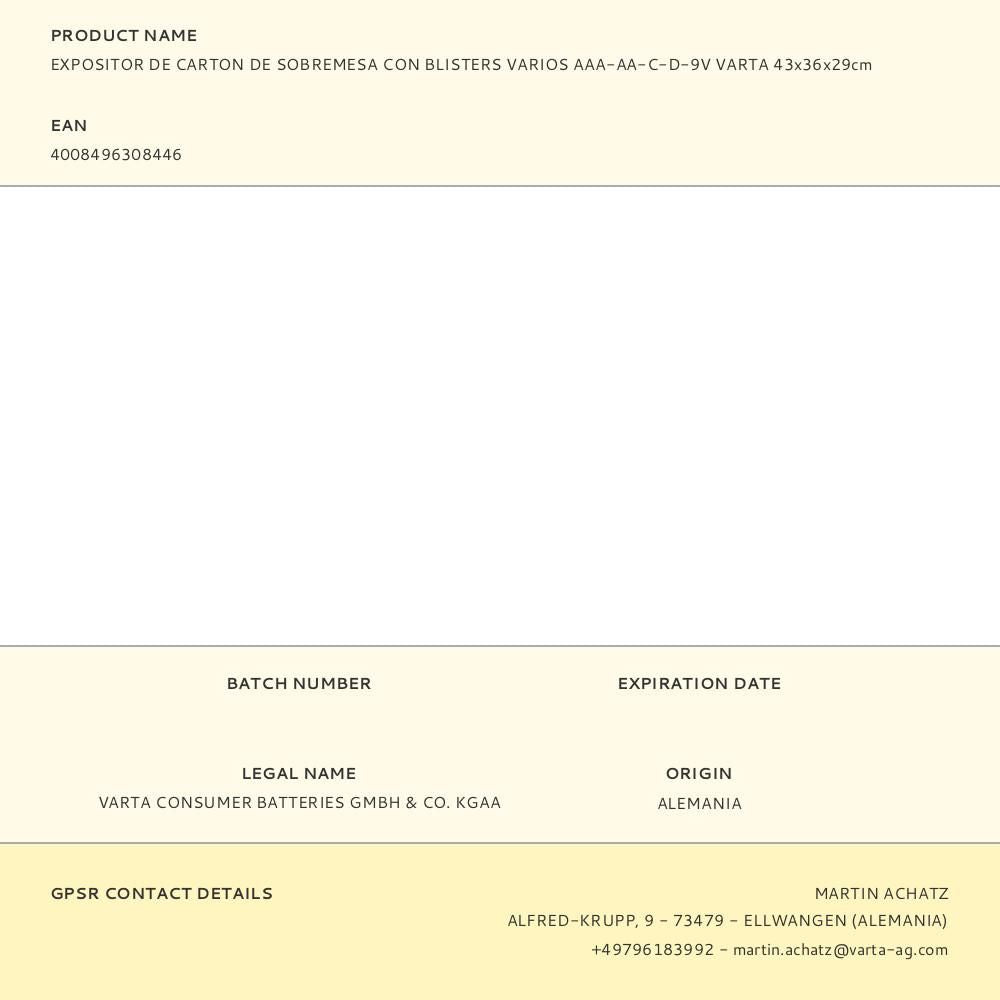 EXPOSITOR DE CARTON DE SOBREMESA CON BLISTERS VARIOS AAA-AA-C-D-9V VARTA 43x36x29cm