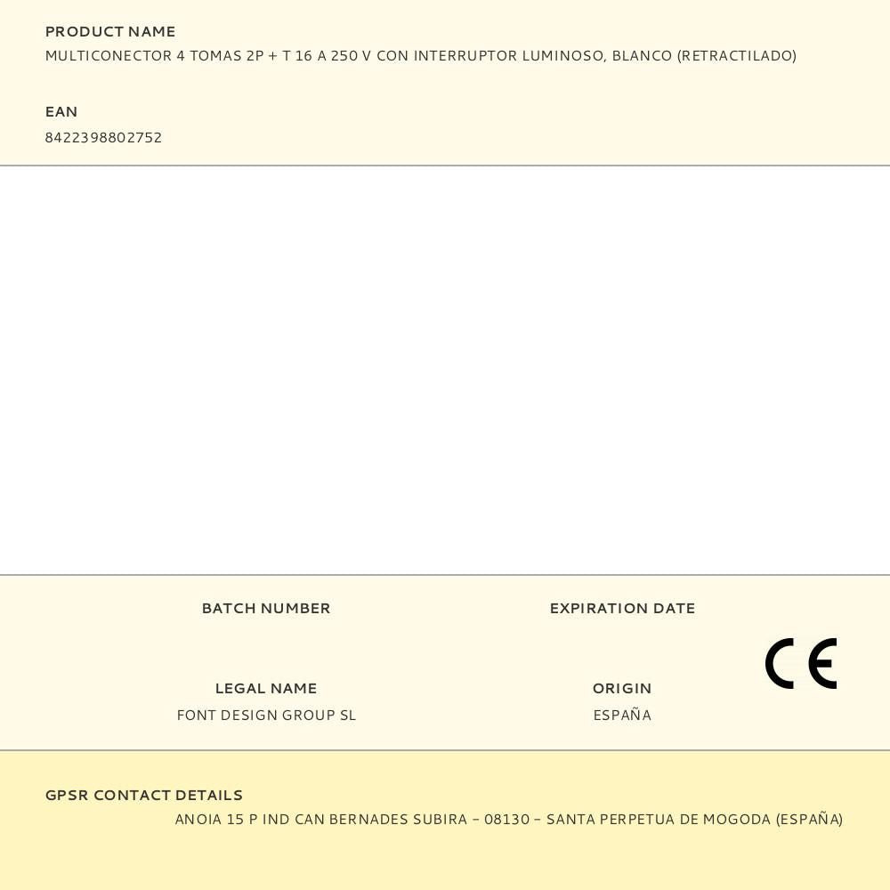 MULTICONECTOR 4 TOMAS 2P + T 16 A 250 V CON INTERRUPTOR LUMINOSO, BLANCO (RETRACTILADO)