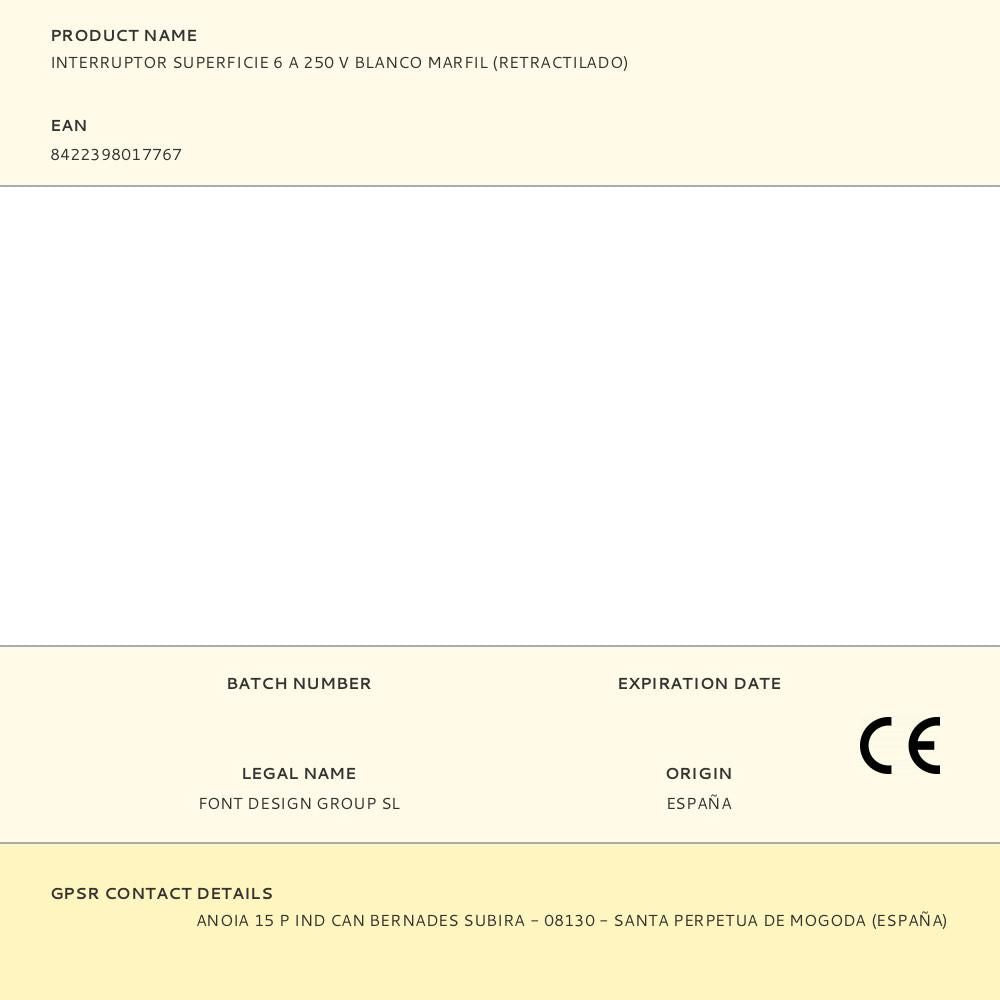 INTERRUPTOR SUPERFICIE 6 A 250 V BLANCO MARFIL (RETRACTILADO)