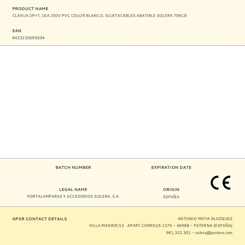 CLAVIJA 2P+T, 16A 250V PVC COLOR BLANCO. SUJETACABLES ABATIBLE SOLERA 706CB