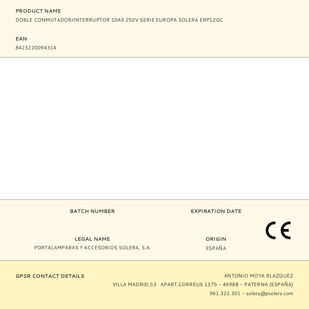 DOBLE CONMUTADOR/INTERRUPTOR 10AX 250V SERIE EUROPA SOLERA ERP12QC