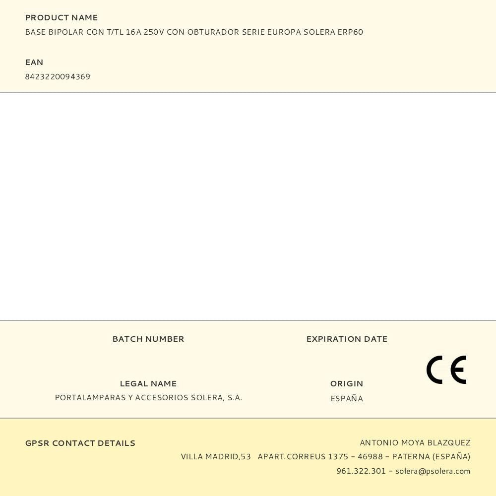 BASE BIPOLAR CON T/TL 16A 250V CON OBTURADOR SERIE EUROPA SOLERA ERP60