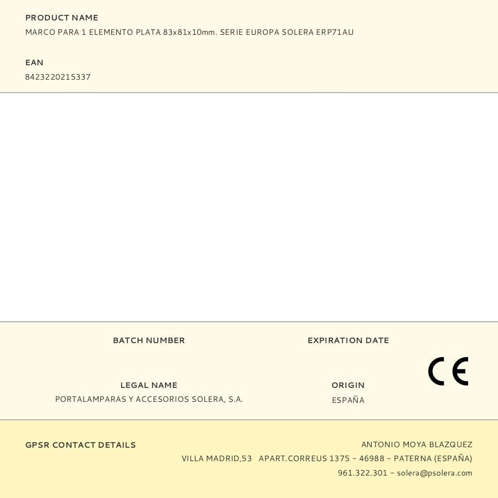 MARCO PARA 1 ELEMENTO PLATA 83x81x10mm. SERIE EUROPA SOLERA ERP71AU